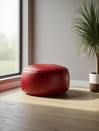 Moroccan Leather Pouf Red - Authentic Handcrafted Morocco