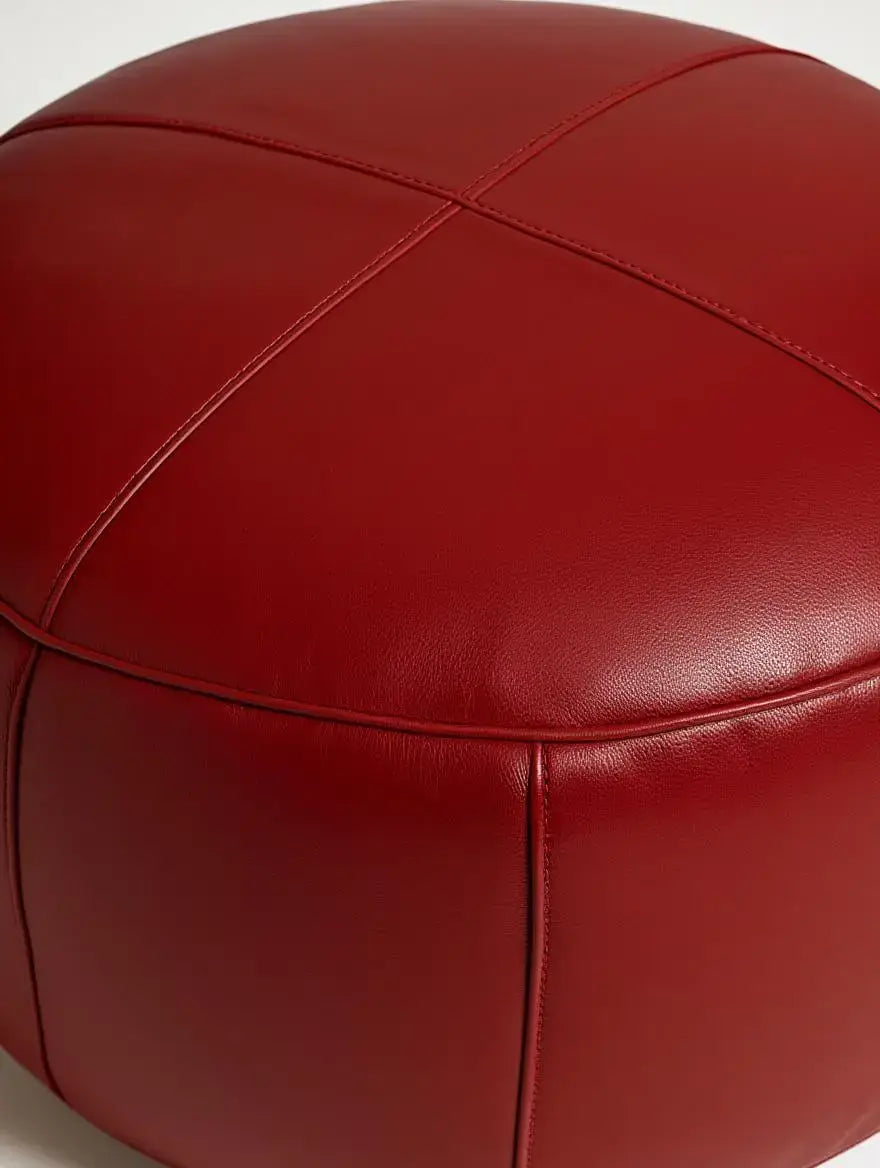Moroccan Leather Pouf Red - Authentic Handcrafted Morocco