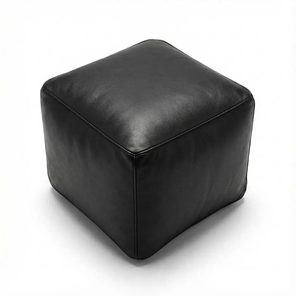 Moroccan Leather Pouf Black - Authentic Handcrafted Morocco