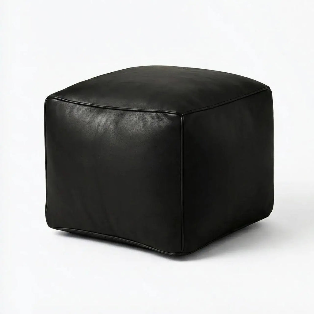 Moroccan Leather Pouf Black - Authentic Handcrafted Morocco