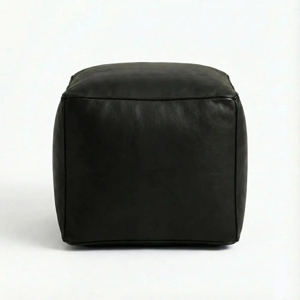Moroccan Leather Pouf Black - Authentic Handcrafted Morocco
