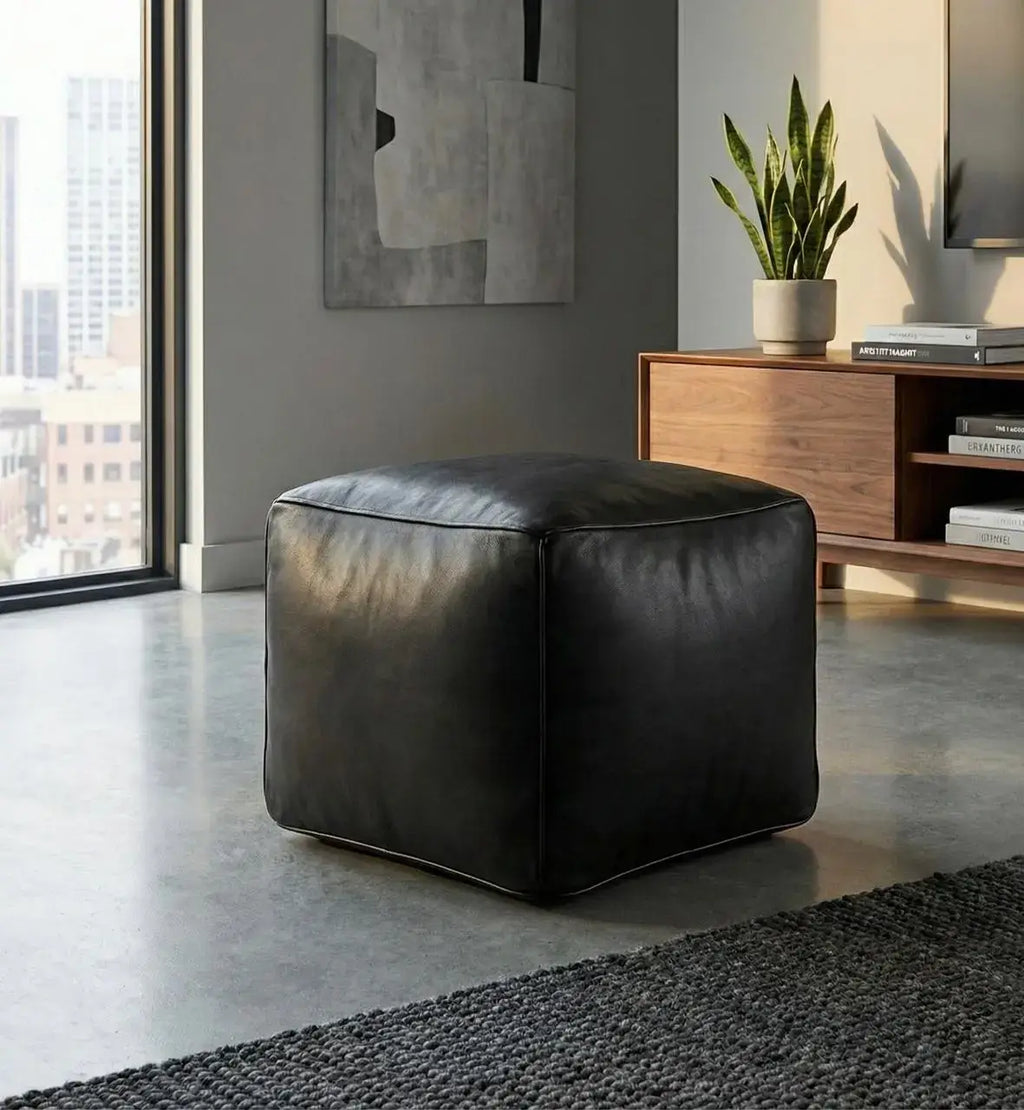 Moroccan Leather Pouf Black - Authentic Handcrafted Morocco