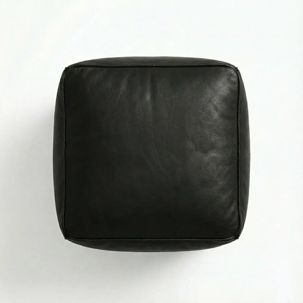 Moroccan Leather Pouf Black - Authentic Handcrafted Morocco