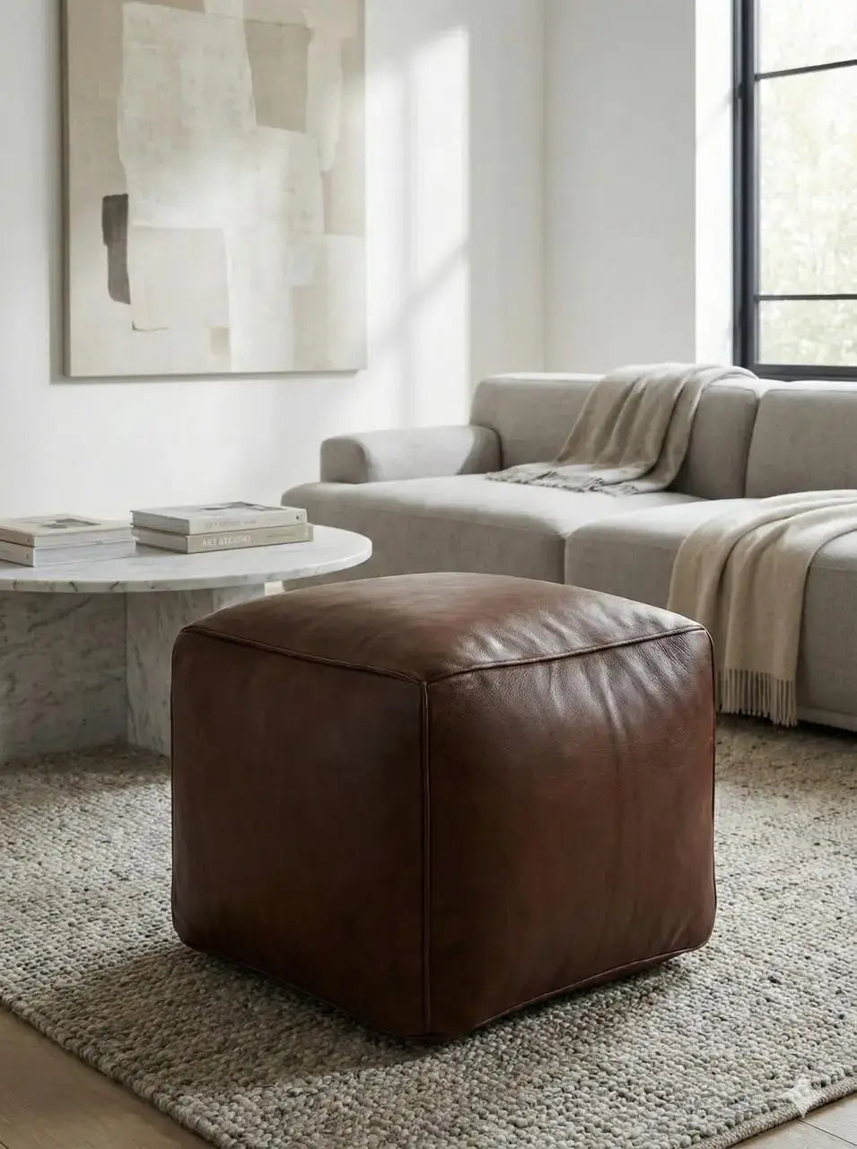 Moroccan Leather Pouf Brown - Authentic Handcrafted Morocco