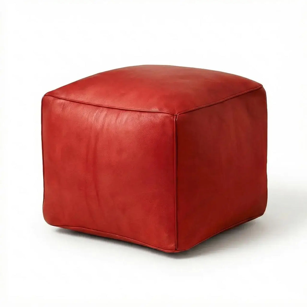 Moroccan Leather Pouf Red - Authentic Handcrafted Morocco