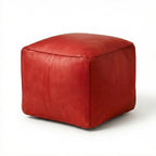 Moroccan Leather Pouf Red - Authentic Handcrafted Morocco