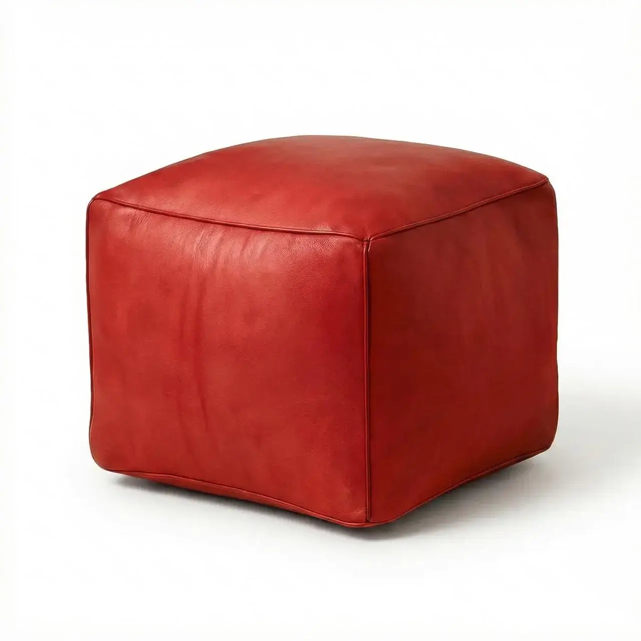 Moroccan Leather Pouf Red - Authentic Handcrafted Morocco