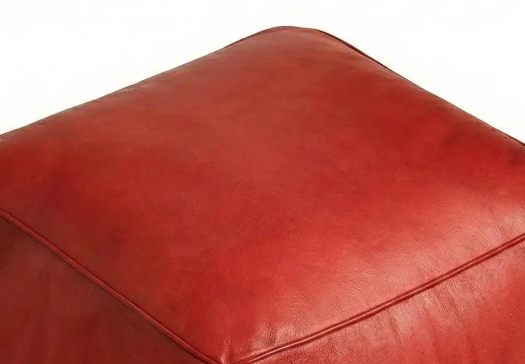 Moroccan Leather Pouf Red - Authentic Handcrafted Morocco