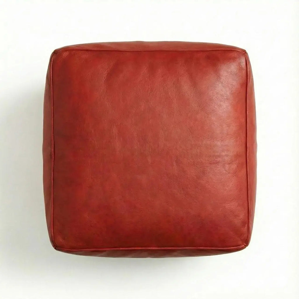 Moroccan Leather Pouf Red - Authentic Handcrafted Morocco