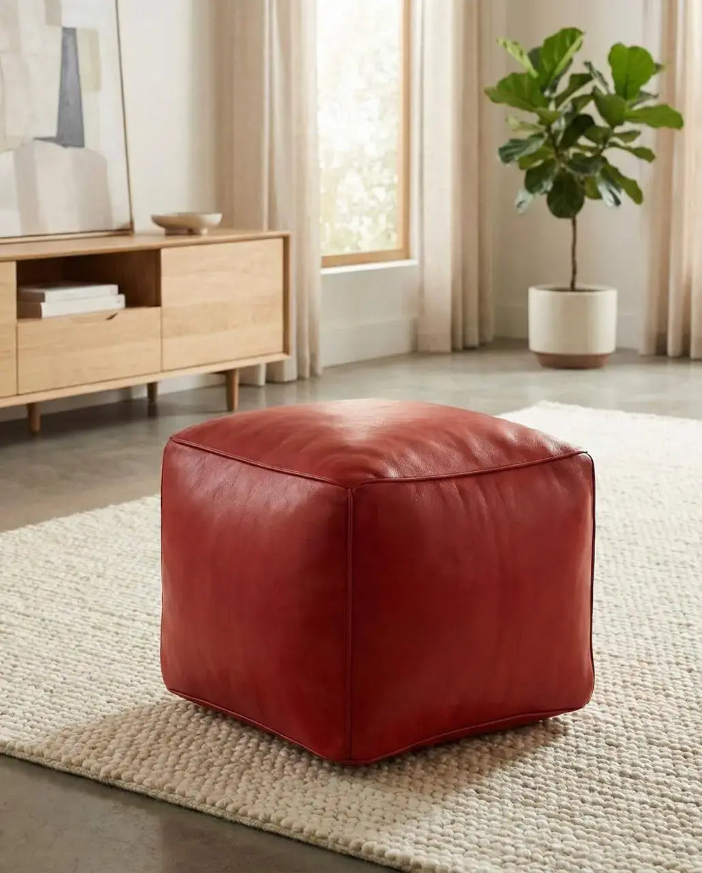 Moroccan Leather Pouf Red - Authentic Handcrafted Morocco