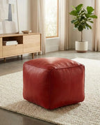 Moroccan Leather Pouf Red - Authentic Handcrafted Morocco