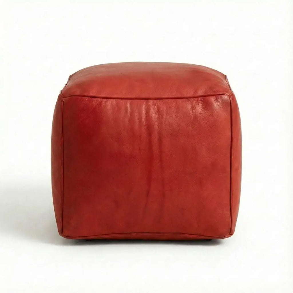 Moroccan Leather Pouf Red - Authentic Handcrafted Morocco