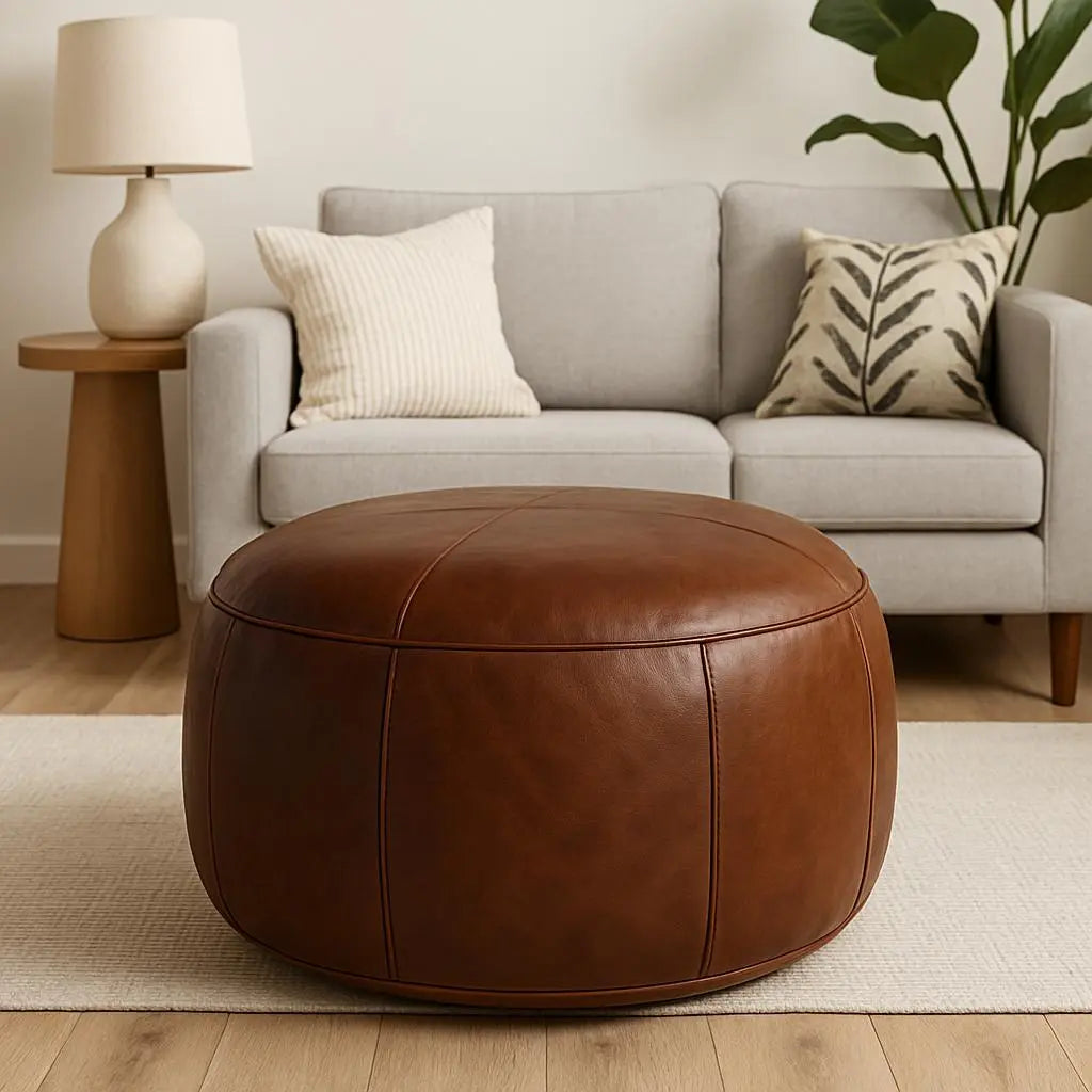 Moroccan Leather Pouf Brown - Authentic Handcrafted Morocco