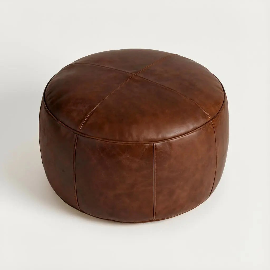 Moroccan Leather Pouf Brown - Authentic Handcrafted Morocco