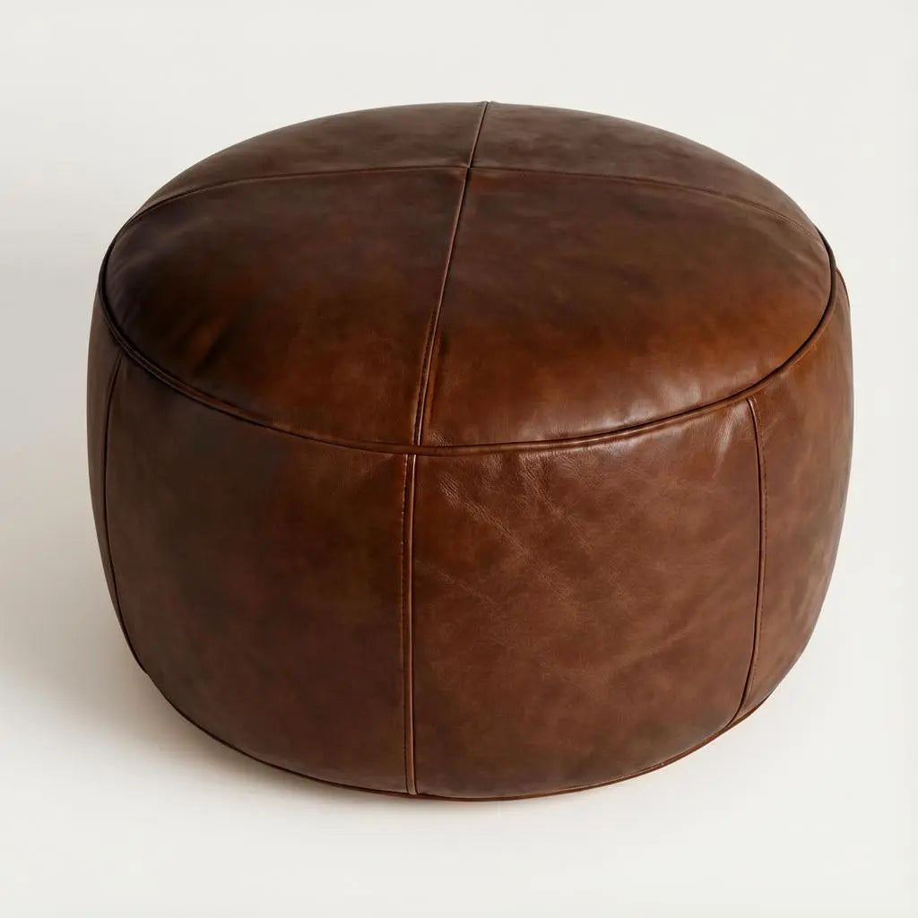 Moroccan Leather Pouf Brown - Authentic Handcrafted Morocco