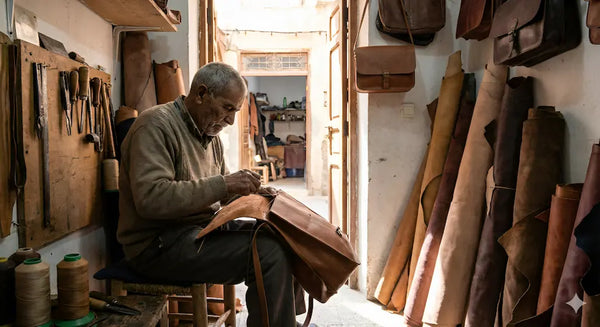 Man working with leather in a workshop filled with tools and hides.