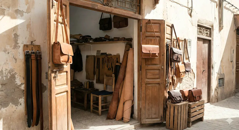 Shop with leather goods displayed outside on a street
